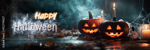 Banner para site tema Halloween,  abóboras velas e a palavra Halloween escrita em fogo e fumaça photo