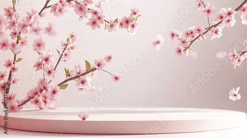 Natural beauty podium backdrop with spring sakura cherry blossom tree branch. 3d rendering. generative ai