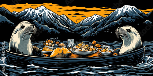 Whimsical Illustration of Two Otters Dining on a Feast in a Rowboat Surrounded by Majestic Snow-Capped Mountains at Sunset