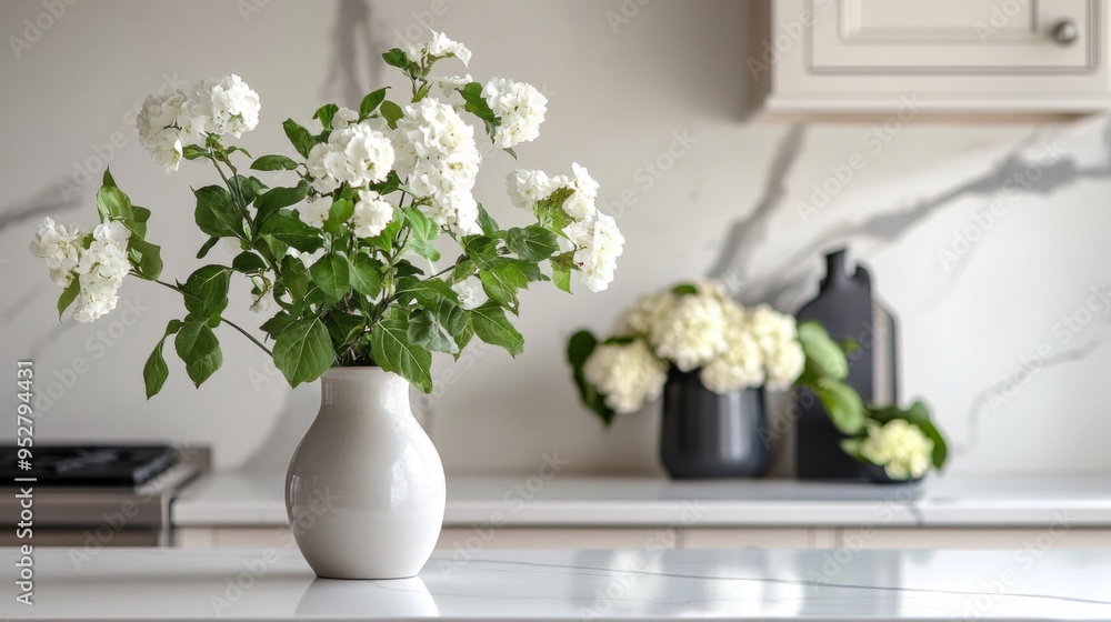 Elegant white marble countertop with subtle gray veining, featuring a stylish vase and a few white flowers for a sophisticated and serene look. Elegant white marble countertop with subtle gray veining, featuring a stylish vase and a few white flowers for a sophisticated and serene look.