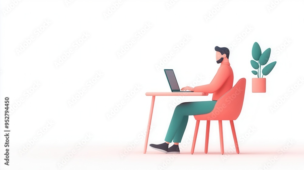 Fototapeta premium Teleworking flat design, side view, virtual connectivity theme, 3D render, Split-complementary color scheme