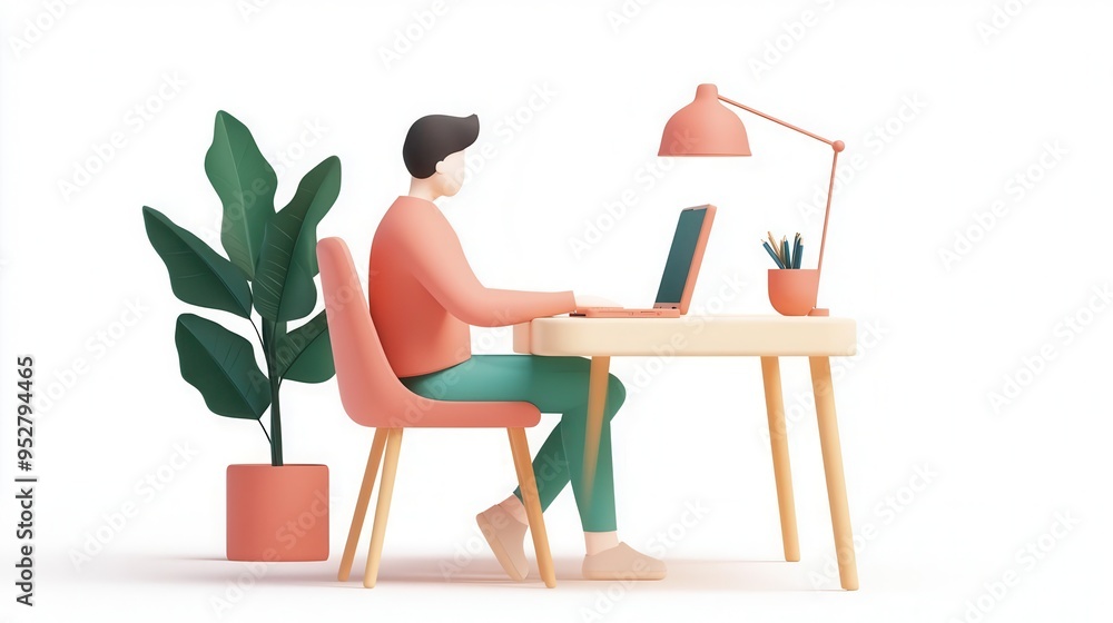 Fototapeta premium Teleworking flat design, side view, virtual support theme, 3D render, Split-complementary color scheme