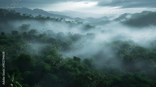 Green forest in fog, shot from above, early morning. Mysterious tropics, thicket of forest. Travel concept template, beautiful places