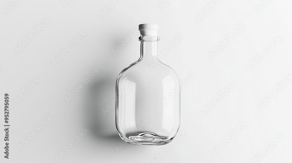 A clear glass bottle with a round body and a narrow neck, designed for liquid storage. A clear glass bottle with a round body and a narrow neck, designed for liquid storage.
