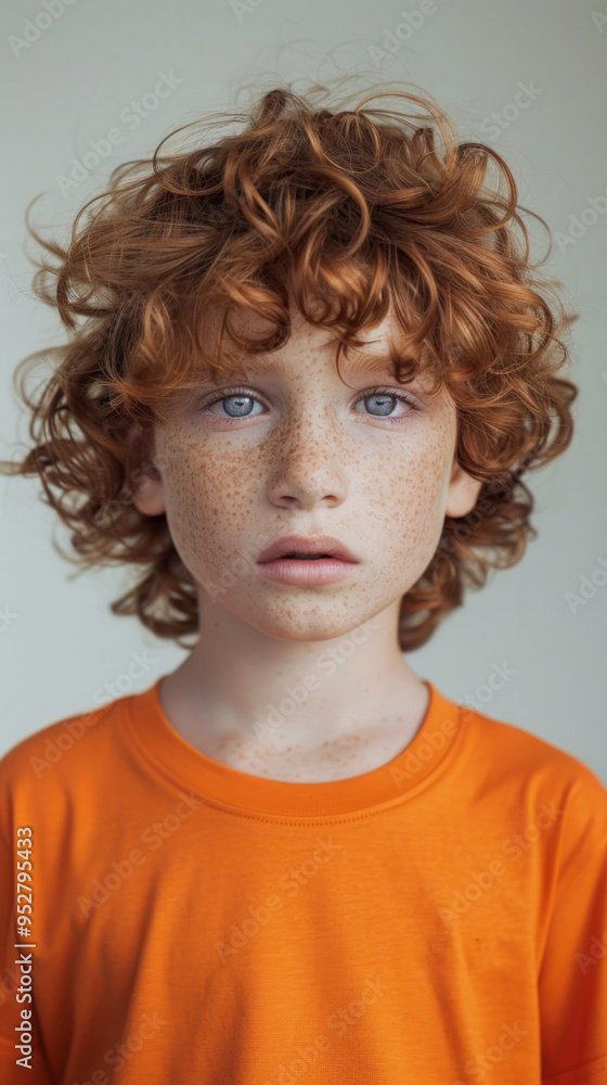 A boy with red hair and freckles is wearing an orange shirt A boy with red hair and freckles is wearing an orange shirt