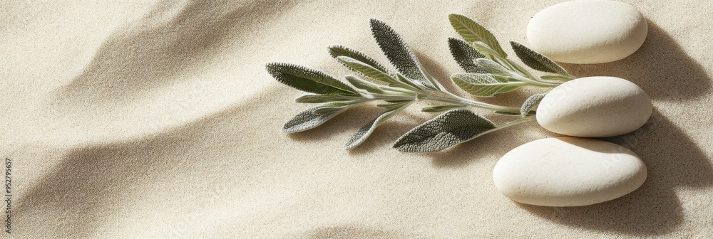 A delicate sage twig rests next to smooth pebbles on soft sand, creating a tranquil composition that emphasizes nature's simplicity and beauty, inviting calmness A delicate sage twig rests next to smooth pebbles on soft sand, creating a tranquil composition that emphasizes nature's simplicity and beauty, inviting calmness