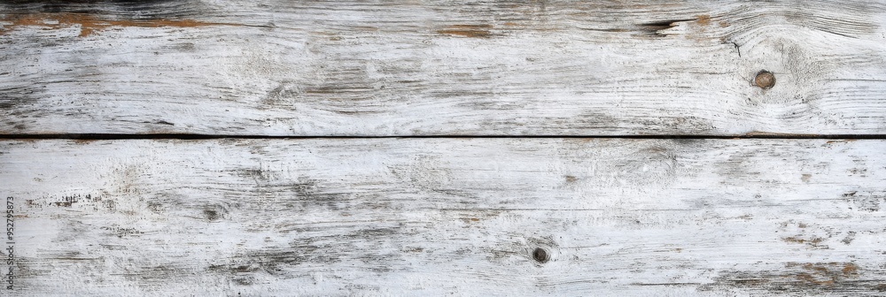Naklejka premium The rustic whitewashed wooden surface features visible grain and knots, highlighting its aged texture and natural appeal, ideal for various creative projects
