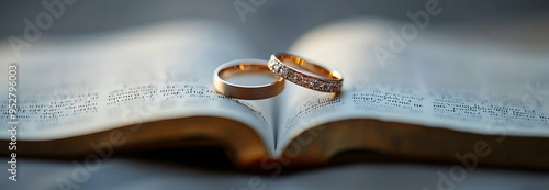 A poignant depiction of two wedding rings delicately placed on the pages of an open Bible serves as a reminder that a marriage grounded in faith is capable of enduring any challenges and standing the