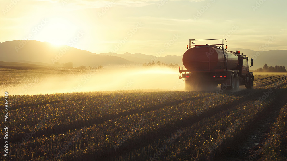 A water truck sprays water in a farm field at breakfast A water truck sprays water in a farm field at breakfast