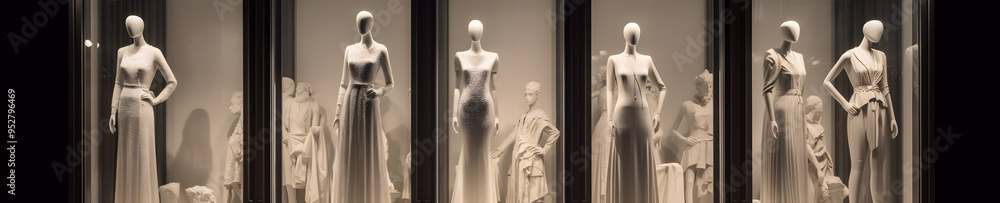 Luxury Department Store Window Displaying Fashion Clothes – Elegant Mannequin Presentation Luxury Department Store Window Displaying Fashion Clothes – Elegant Mannequin Presentation