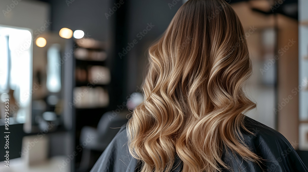 Fototapeta premium A woman in a beauty salon whose experienced stylist s her hair in a fashionable and stylish long wavy ombre with highlights