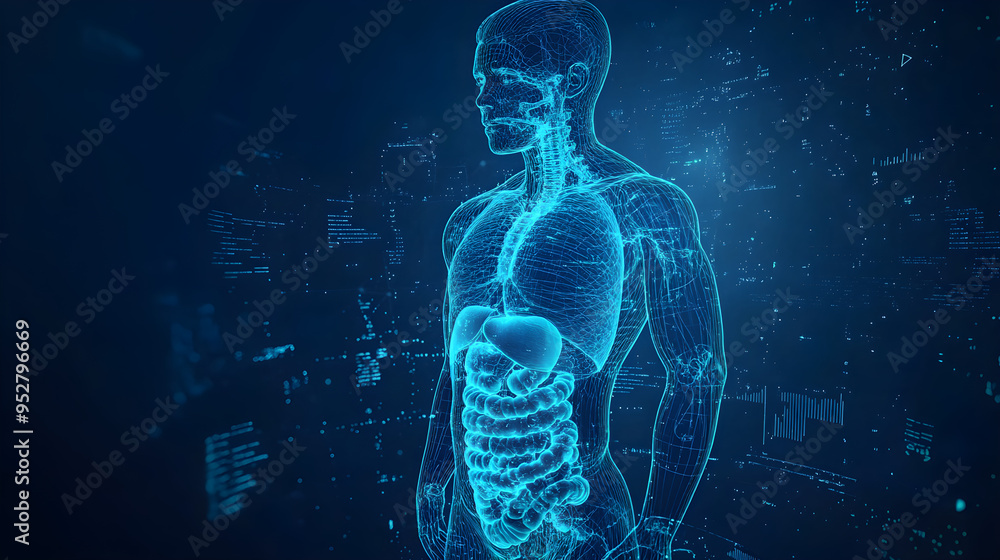 Detailed 3D X-Ray Stomach and Bowel in Blue Medical Imaging Detailed 3D X-Ray Stomach and Bowel in Blue Medical Imaging