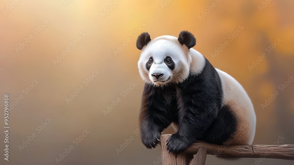 Fototapeta premium A captivating image of a panda bear in its natural environment, showcasing its unique black and white fur, endearing facial features, and peaceful demeanor. The soft, golden light highlights the anima
