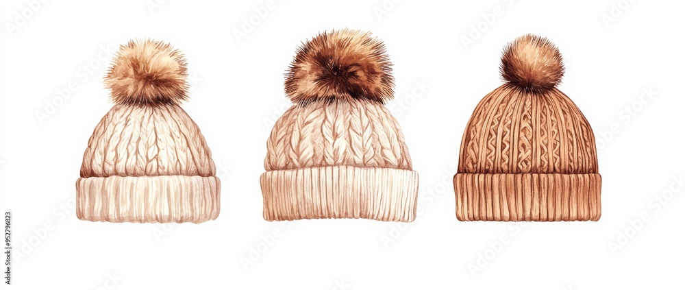 Watercolor set of winter knitted hats with fur pompoms on white background Watercolor set of winter knitted hats with fur pompoms on white background