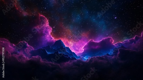 A breathtaking view of a mountainous exoplanet, bathed in the vibrant light of a colorful nebula. The scene evokes feelings of wonder, awe, and the vastness of the universe. The majestic mountains sym