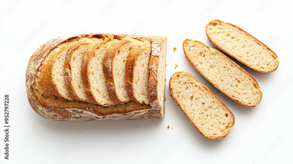 Flat lay of a loaf of bread with a few slices cut and arranged neatly, set against a white background to focus on the texture and quality of the bread. Flat lay of a loaf of bread with a few slices cut and arranged neatly, set against a white background to focus on the texture and quality of the bread.