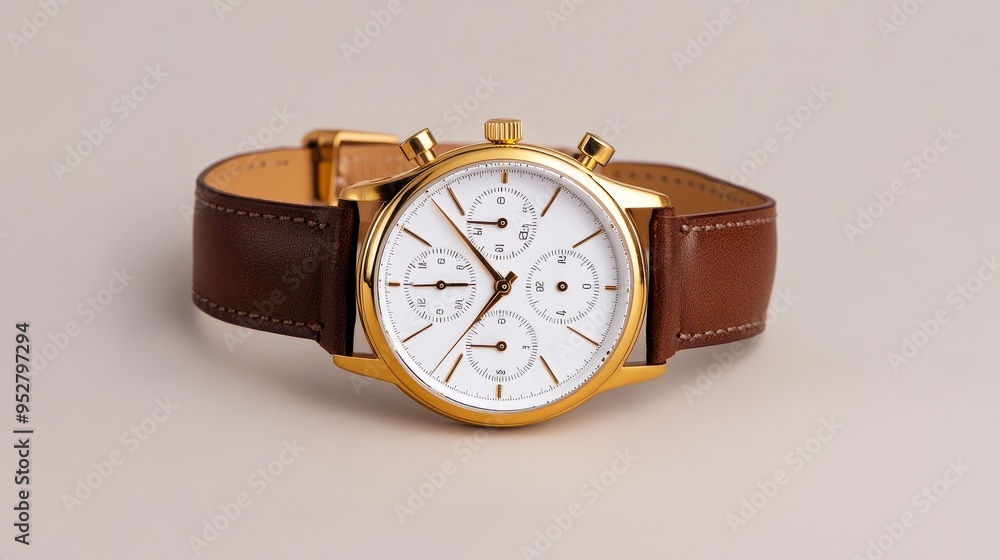 A classic and sophisticated timepiece, this elegant gold chronograph wristwatch features a white dial with black hands and markers, a brown leather strap, and a chronograph function. The watch is perf A classic and sophisticated timepiece, this elegant gold chronograph wristwatch features a white dial with black hands and markers, a brown leather strap, and a chronograph function. The watch is perf