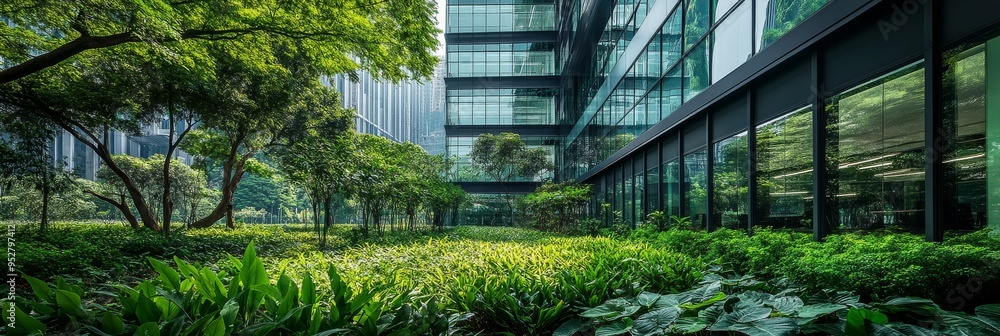 Fototapeta premium A striking contemporary office building is surrounded by vibrant greenery, creating a harmonious blend of nature and urban architecture under clear blue skies