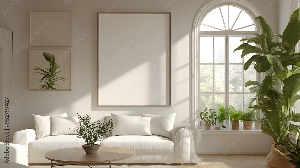 Fototapeta premium A modern living room featuring a white sofa, a vintage coffee table, an arched window, and a large, empty art poster frame, bathed in soft natural light