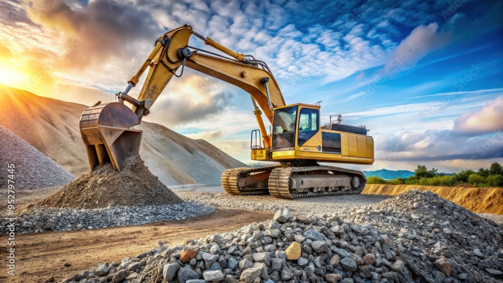Excavator moving gravel in a quarry, excavator, moving, gravel, quarry, construction, heavy machinery, industrial, mining, equipment Excavator moving gravel in a quarry, excavator, moving, gravel, quarry, construction, heavy machinery, industrial, mining, equipment