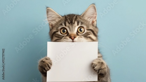 Cute cat holds a mock-up blank sheet of paper in its paws, set against a solid background, for adding custom text or designs.