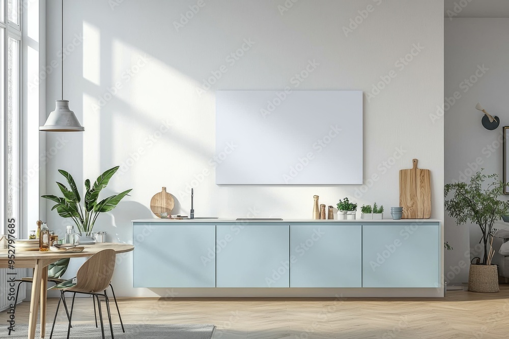 Fototapeta premium Poster Mockup in Kitchen Interior with White Wall created with Generative AI