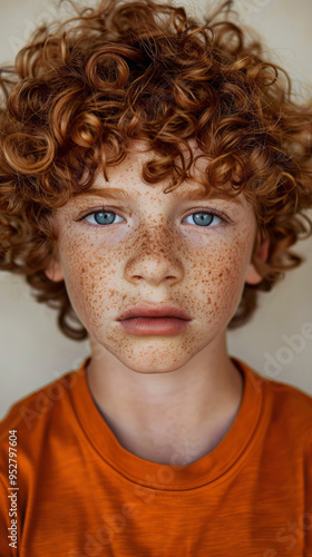 A boy with red hair and freckles is wearing an orange shirt