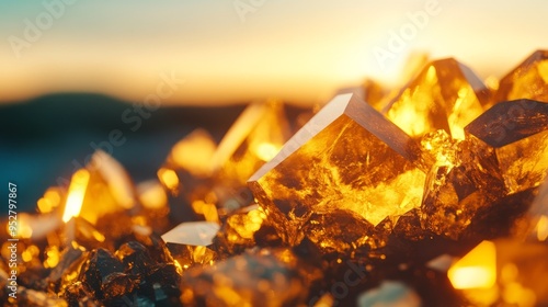 A close-up of glittering golden translucent crystals bathed in the warm light of a setting sun. The crystals represent growth, clarity, and power. They are a symbol of nature's beauty and the potentia photo