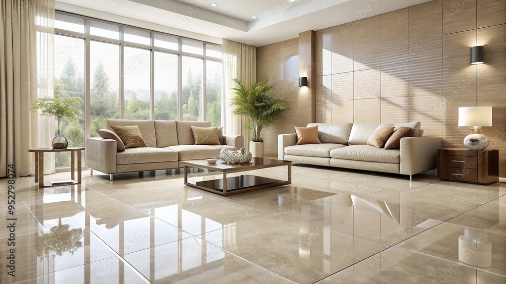 Fototapeta premium Neutral-colored ceramic floor tiles with a subtle texture and glossy finish, arranged in a modern grid pattern, create a sleek and sophisticated living room ambiance.