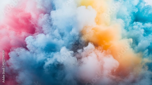 Flat lay of colored smoke rising from multiple smoke bombs set up in a pattern, creating a vibrant and colorful display on a white background.