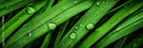 A close-up photograph showcasing the delicate beauty of dew drops glistening on vibrant green grass blades, symbolizing the serenity of nature, the cycle of life, and the preciousness of water. photo