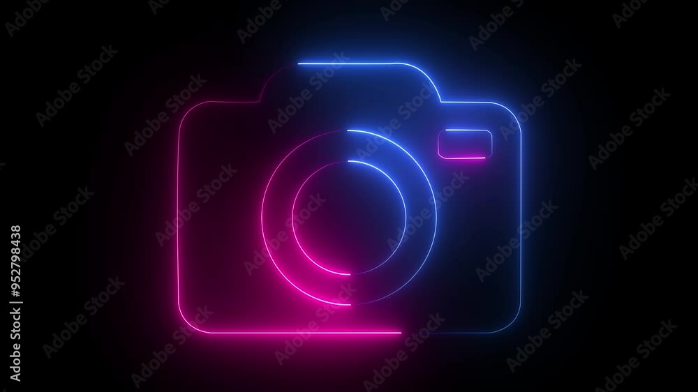 Neon glowing neon color camera video icon on black background animation Neon glowing neon color camera video icon on black background animation