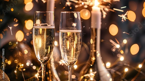 Happy New Year 2024 text, two champagne glasses toast, bright background with candles, Christmas baubles and snowy bokeh, selected focus, narrow depth