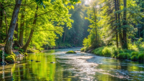 Tranquil river scene with sunlight sparkling through trees in a lush green forest