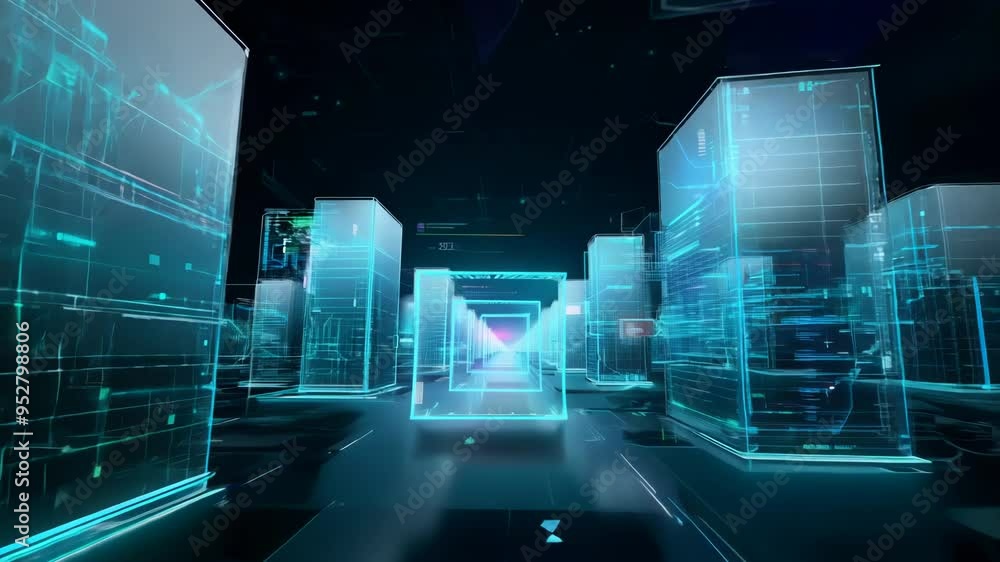 Virtual data center corridor with cloud servers providing compute power Virtual data center corridor with cloud servers providing compute power