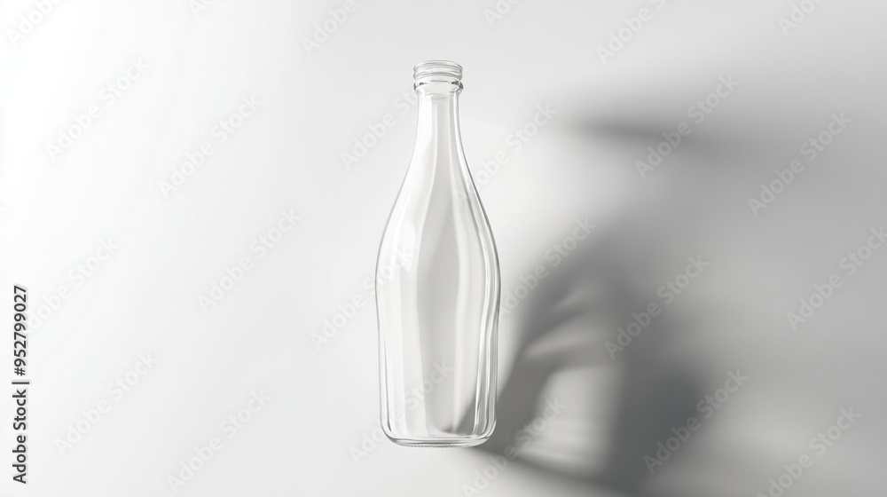 A clear glass bottle on a white background, showcasing its shape and reflection. A clear glass bottle on a white background, showcasing its shape and reflection.