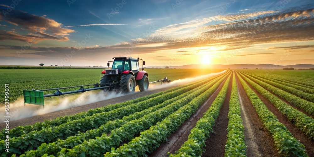 Agricultural tractor spraying fertilizer on soybean fields in a smart farm setting, agriculture, tractor Agricultural tractor spraying fertilizer on soybean fields in a smart farm setting, agriculture, tractor