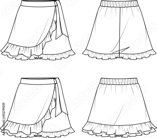 Women's Ruffle Hem Skort. Technical fashion illustration. Front and back, white colour. Women's CAD mock-up.