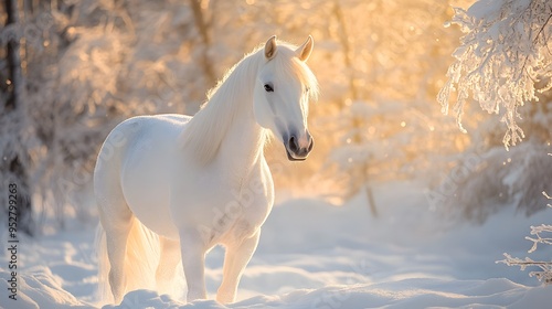 White horse in a snowy forest bathed in soft morning light