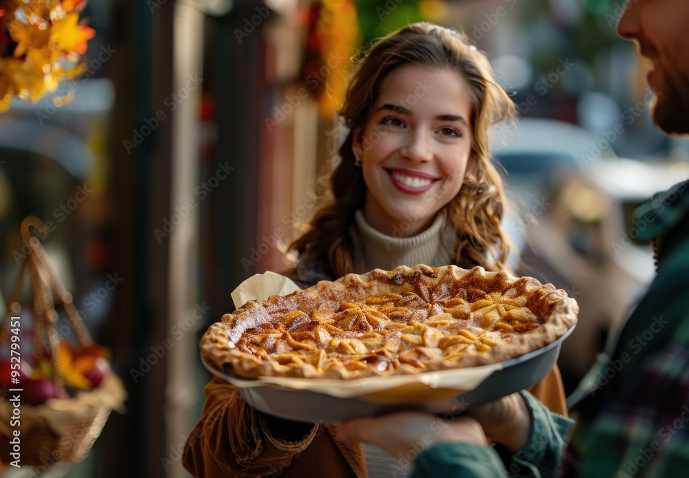 A woman is holding a pie and smiling. Hospitality, generosity, warmth, sharing, tradition, kindness, community, celebration concept.