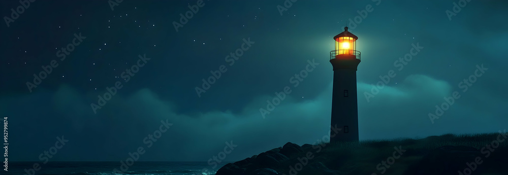 In the darkness of night, the solar-powered lighthouse stands as a ...