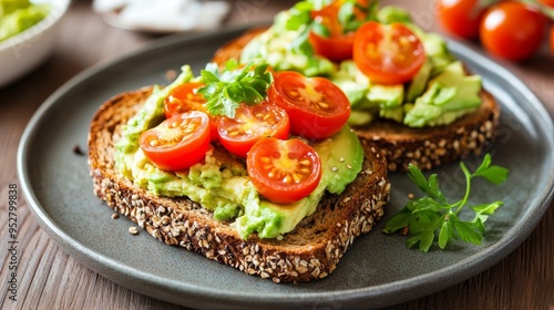 Brain-Boosting and Low Calorie Whole Grain Toast with Avocado and Tomatoes