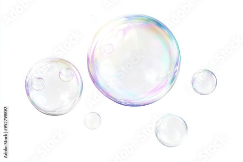 A group of six iridescent soap bubbles, some with smaller bubbles inside, float against a white background. The bubbles represent purity, joy, fragility, and the ephemeral nature of life.