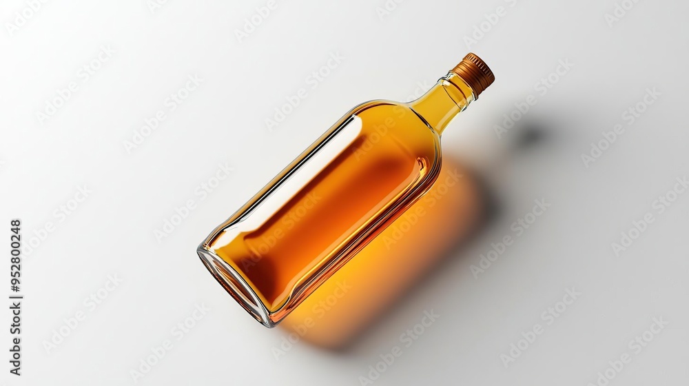 Fototapeta premium A clear glass bottle filled with amber liquid, showcasing its contents and design.