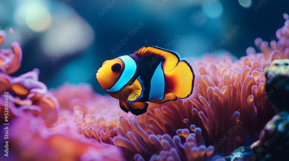 High-resolution image of a colorful clownfish nestled among sea anemones, showcasing their symbiotic relationship and the vibrant colors of both species. High-resolution image of a colorful clownfish nestled among sea anemones, showcasing their symbiotic relationship and the vibrant colors of both species.