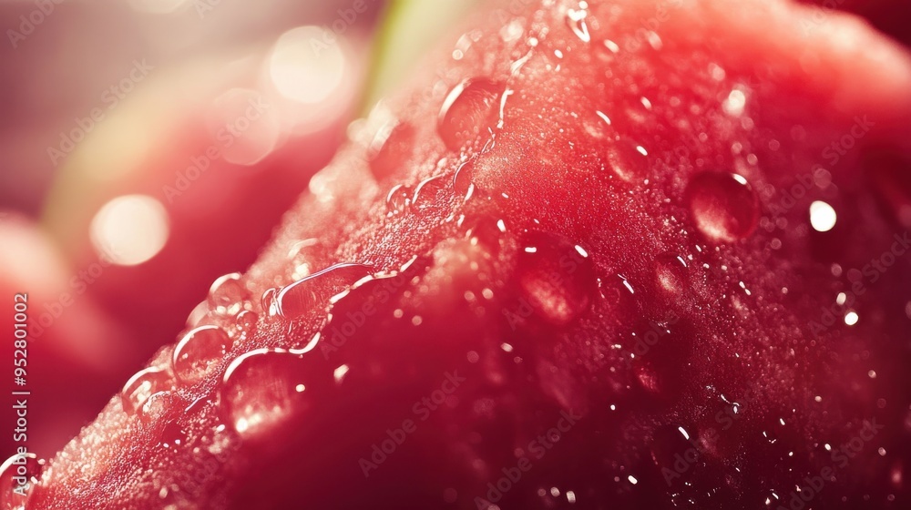 Close-up of freshly cut watermelon with droplets, showcasing vibrant red color and refreshing texture in a kitchen setting Close-up of freshly cut watermelon with droplets, showcasing vibrant red color and refreshing texture in a kitchen setting