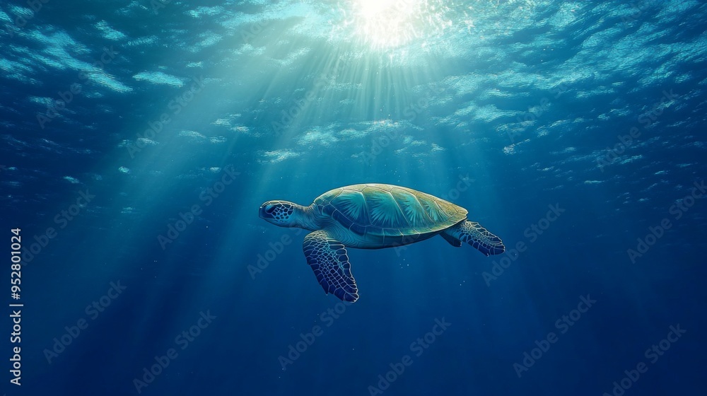 High-resolution image of a majestic sea turtle gliding through clear blue water, with sunlight filtering through and creating a serene, underwater scene. High-resolution image of a majestic sea turtle gliding through clear blue water, with sunlight filtering through and creating a serene, underwater scene.