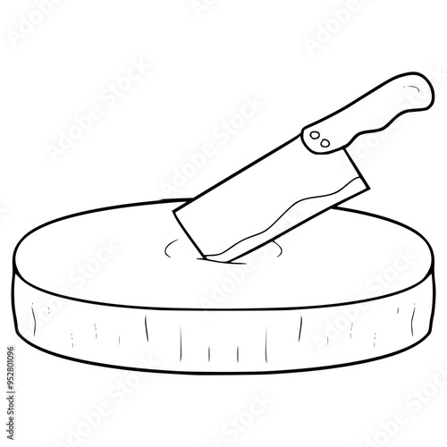 butcher knife stuck on cutting board illustration hand drawn outline vector