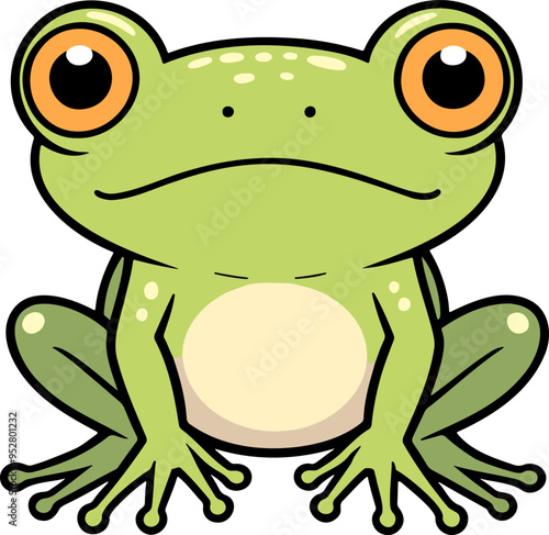 Green cartoon frog staring forward