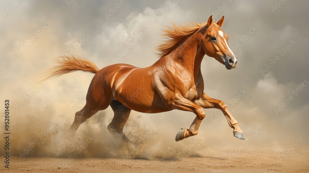 Obraz premium A powerful chestnut horse with a flowing mane gallops across a dusty landscape, symbolizing freedom, energy, and the untamed spirit of nature. Its powerful stride and determined gaze capture the essen
